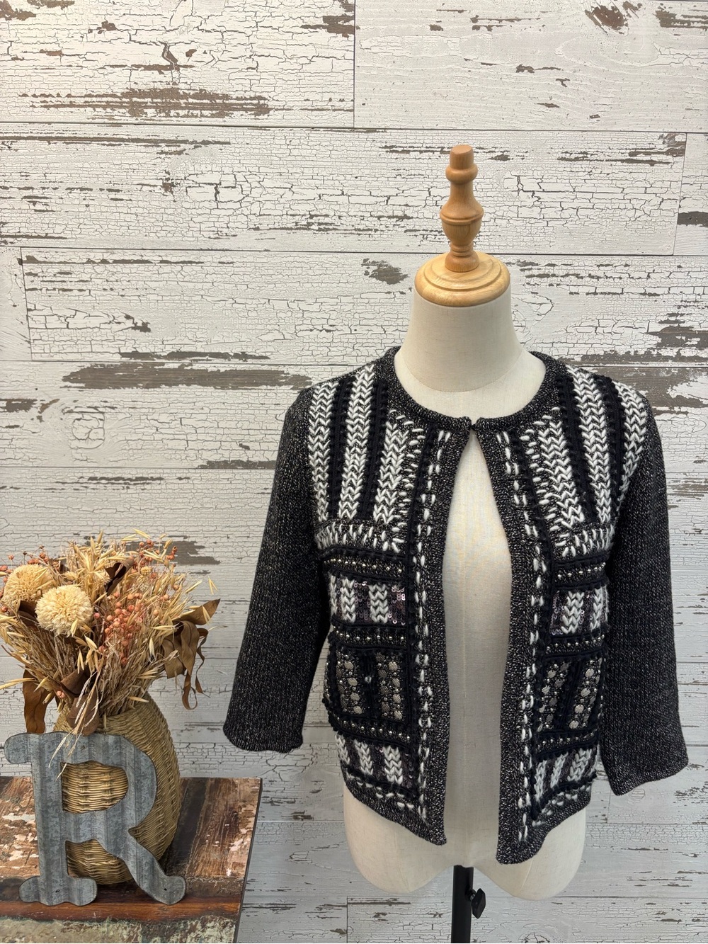 Chico's Black and White Patterned Open-Front Cardigan